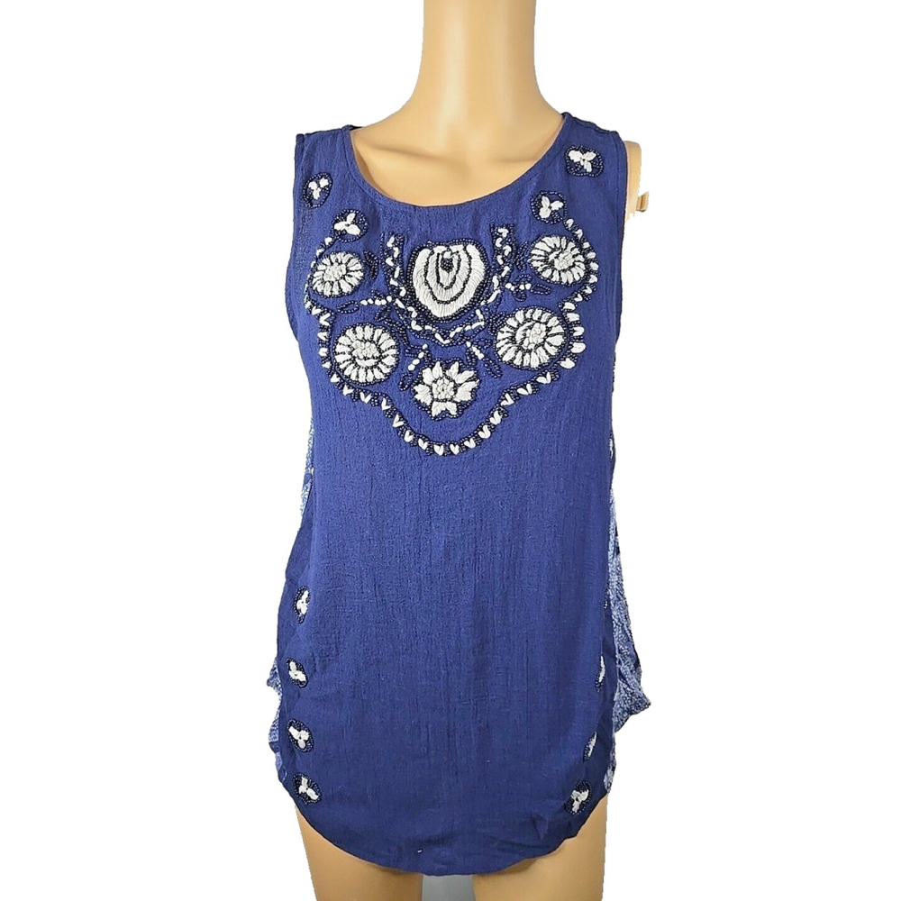 Lucky Brand Royal Blue Embroidered Sleeveless Blouse